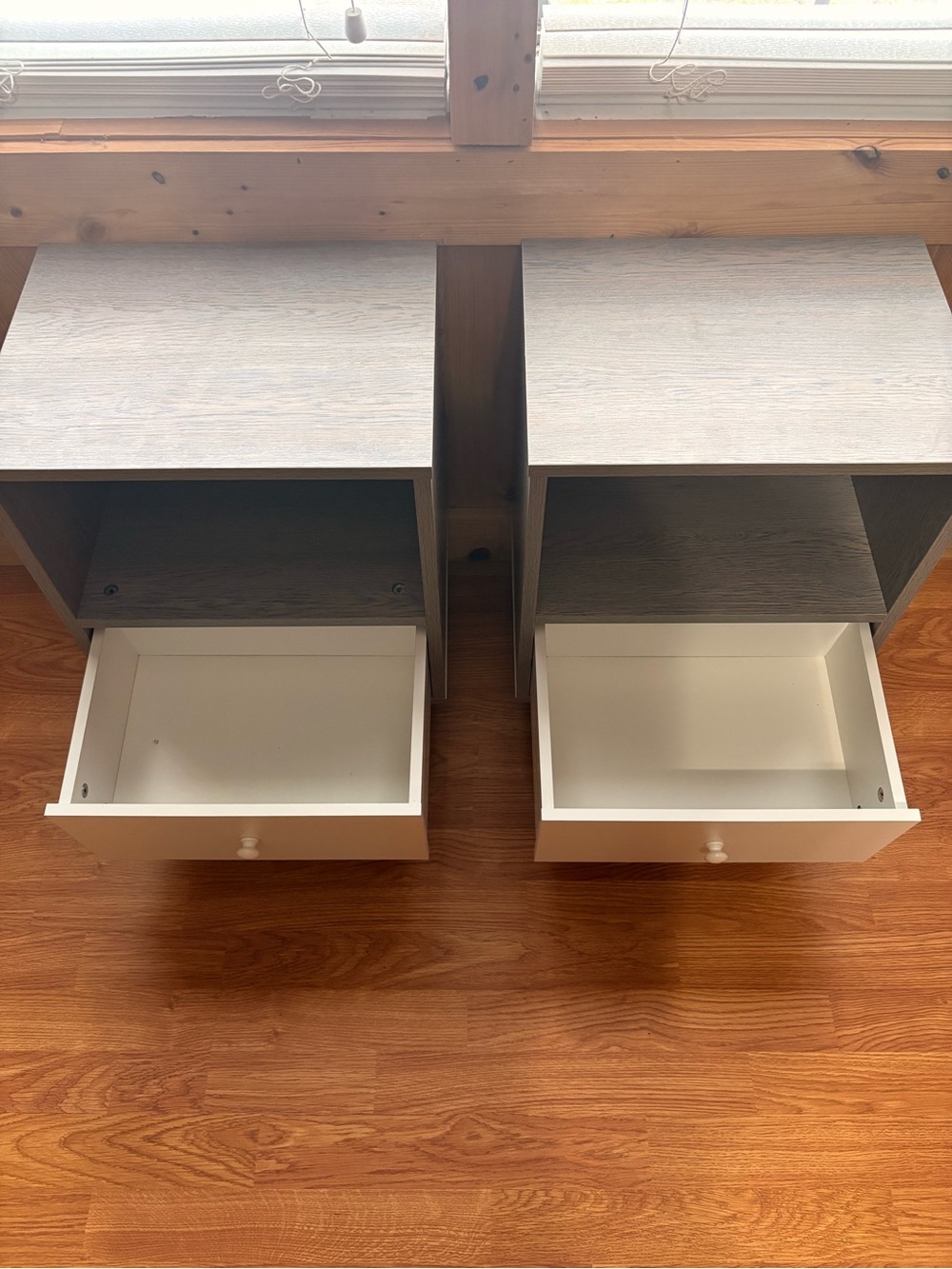 JAXPETY Set of 2 Modern Wood Nightstands featuring a grey top, a white drawer.
